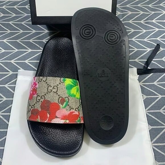 Gucci Black Slide Sandals with Red, Pink and Green Floral GG Strap - Picture 4 of 4